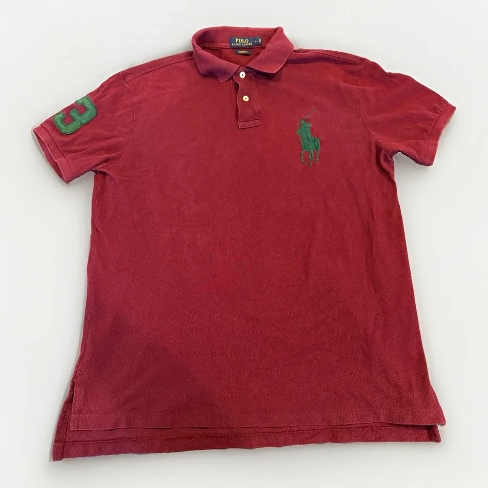 Polo Ralph Lauren Polo Shirt Mens L Burgundy  Big Pony Custom Fit Preppy Sporty